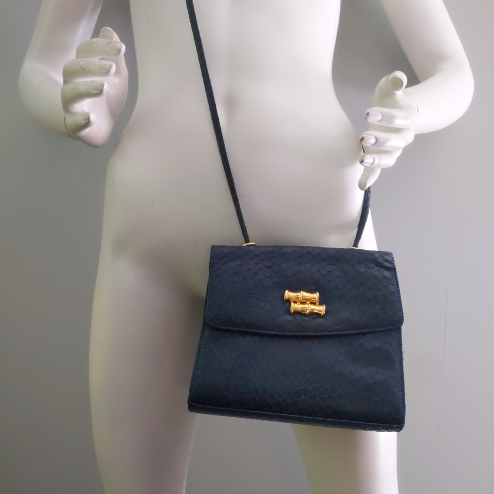 Rare! Vintage Albert Nipon Teal Snakeskin Embossed Leather Crossbody Box Purse